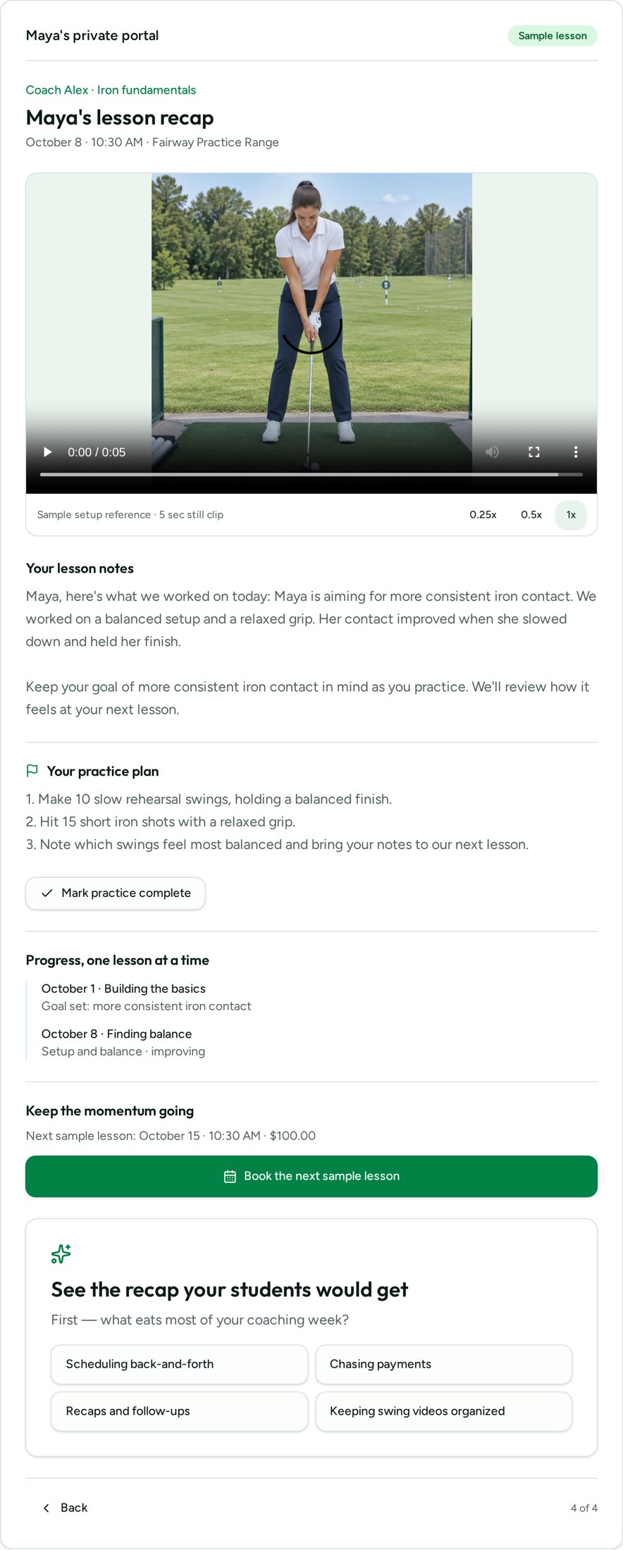 Loopr’s fictional student demo: Maya’s shared lesson video, coach recap, practice plan and lesson history