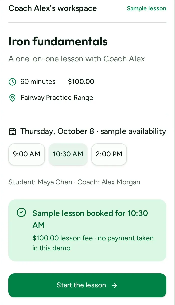 Sample booking page with lesson price and available times