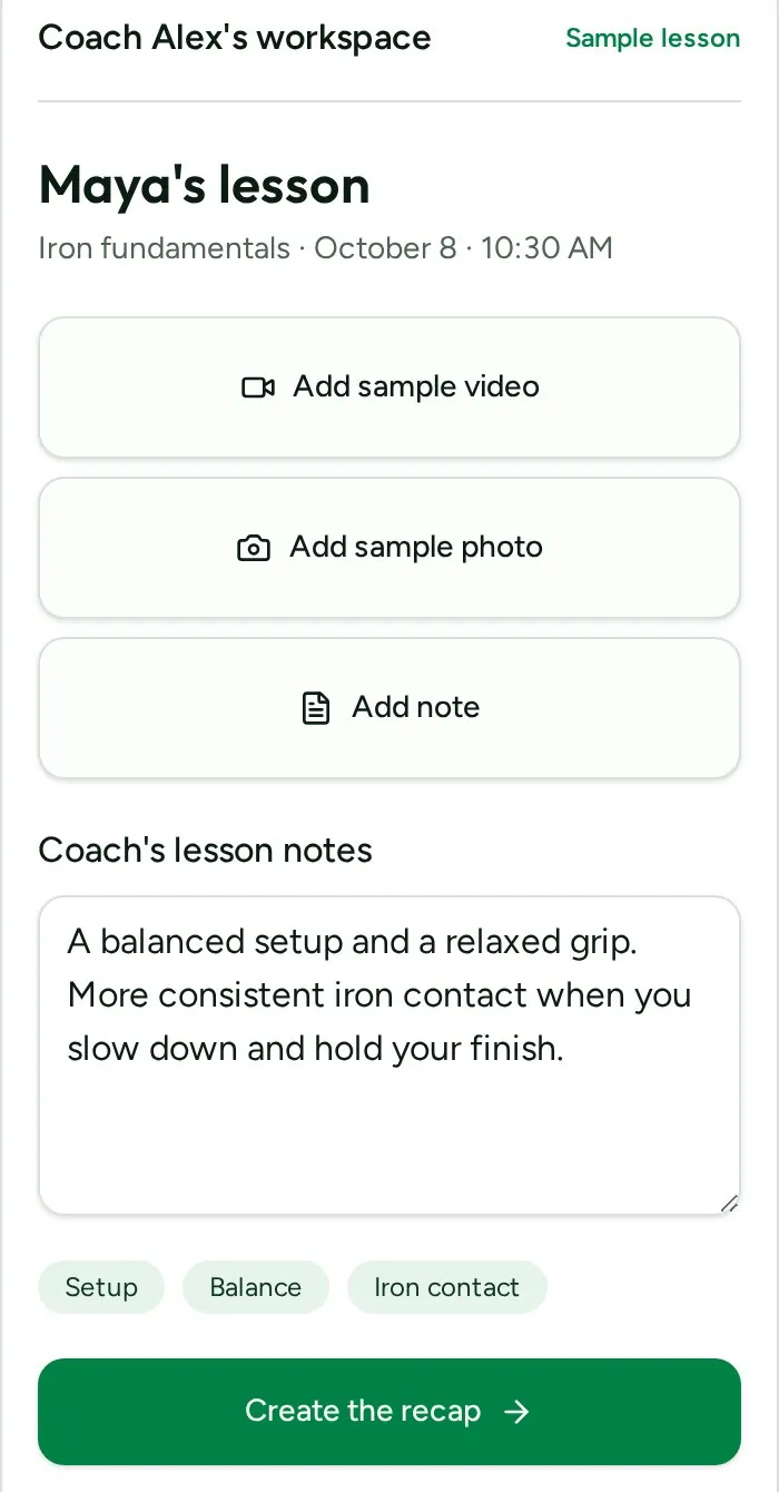 Sample lesson with video, photo and note capture controls