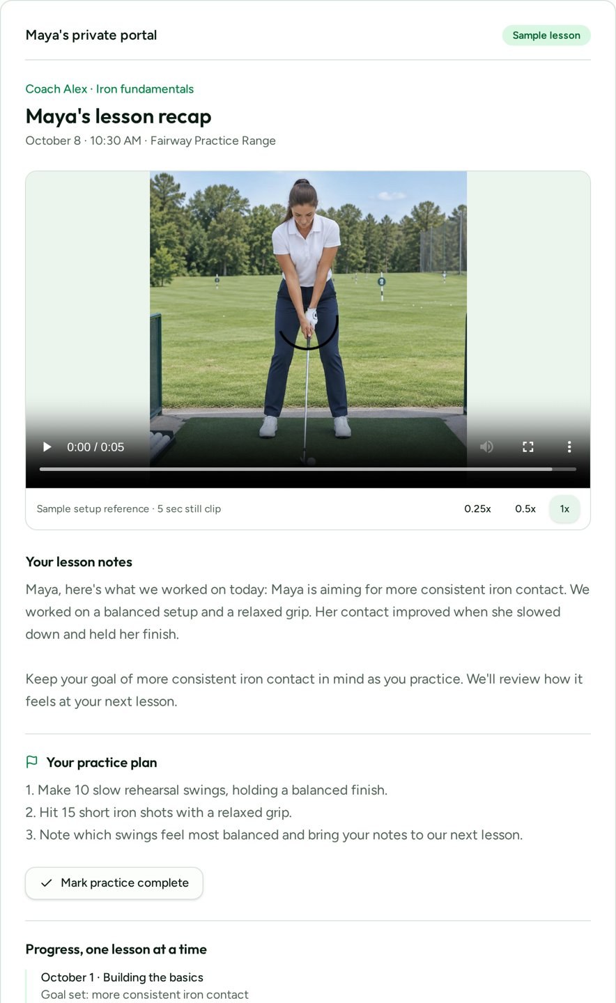 A Loopr student lesson recap with a swing video, lesson notes and a practice plan