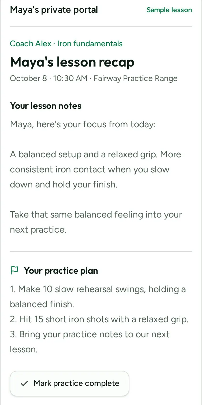 Sample student recap with lesson video and practice plan
